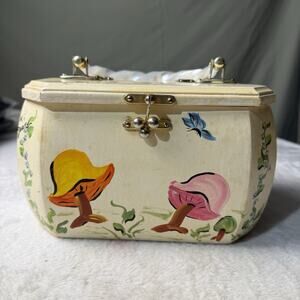 Vtg Mushroom Hand painted Wood Box Sewing Case Wooden Purse Vicki Jean Cottage